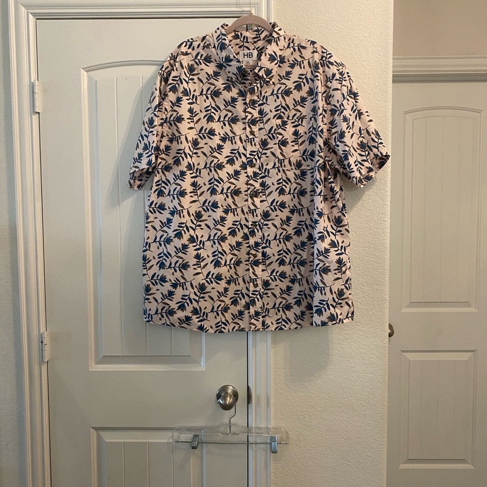 HB Men's Pink & Teal Leaf Print Shirt, Sz 2XL
